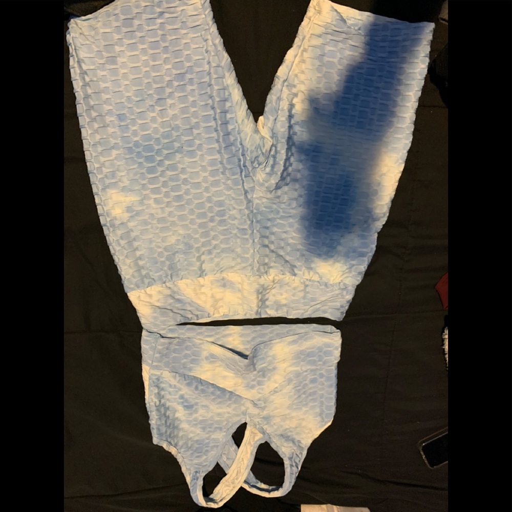 Top and bottom set baby blue and white crop top shirt and biker shorts